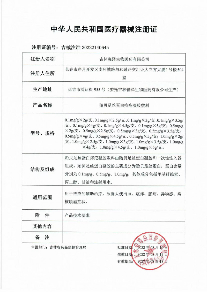 貽貝足絲蛋白痔瘡凝膠敷料